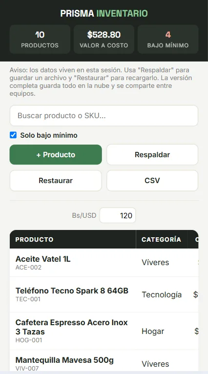 Ejemplo de sistema de inventario